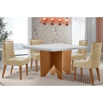 Conjunto Sala de Jantar Nevada c/ Tampo Madeirado c/ Vidro Canto Curvo 90x90cm e 4 Cadeiras Dafne Madeira Maciça Naturale/Off White - Capuccino/Linho