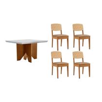 Conjunto Sala de Jantar Nevada c/ Tampo Madeirado c/ Vidro Canto Curvo 90x90cm e 4 Cadeiras Havana Premium Naturale/Off White - Capuccino/Linho Bege-R