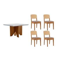 Conjunto Sala de Jantar Nevada c/ Tampo Madeirado c/ Vidro Canto Curvo 90x90cm e 4 Cadeiras Havana Premium Naturale/Off White - Capuccino/Linho Capucc