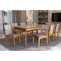 Conjunto Sala de Jantar Petra Premium Madeira Maciça c/ Tampo Madeirado c/ Vidro 200x100cm e 8 Cadeiras Lara Carvalho/Freijo Bronze - Boucle Bege Fend