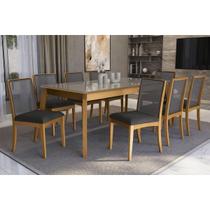 Conjunto Sala de Jantar Petra Premium Madeira Maciça c/ Tampo Madeirado c/ Vidro 200x100cm e 8 Cadeiras Lara Carvalho/Freijo Bronze - Boucle Grafite-K Conjunto Sala de Jantar Petra Premium Madeira Maciça c/ Tampo Madeirado c/ Vidro 200x100cm e 8 Cadeiras Lara Carvalho/Freijo Bronze - Boucle Grafite-K