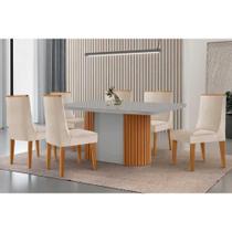 Conjunto Sala de Jantar Pilar c/ Tampo Madeirado c/ Vidro Canto Curvo 180x90cm e 6 Cadeiras Dakota Madeira Maciça Naturale/Off White - Capuccino/Suede