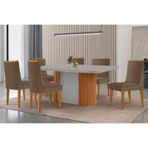 Conjunto Sala de Jantar Pilar c/ Tampo Madeirado c/ Vidro Canto Curvo 180x90cm e 6 Cadeiras Dakota Madeira Maciça Naturale/Off White - Capuccino/Suede Conjunto Sala de Jantar Pilar c/ Tampo Madeirado c/ Vidro Canto Curvo 180x90cm e 6 Cadeiras Dakota Madeira Maciça Naturale/Off White - Capuccino/Suede