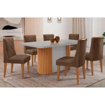 Conjunto Sala de Jantar Pilar c/ Tampo Madeirado c/ Vidro Canto Curvo 180x90cm e 6 Cadeiras Pietá Madeira Maciça Naturale/Off White - Capuccino/Suede Conjunto Sala de Jantar Pilar c/ Tampo Madeirado c/ Vidro Canto Curvo 180x90cm e 6 Cadeiras Pietá Madeira Maciça Naturale/Off White - Capuccino/Suede