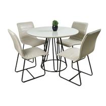 Conjunto Sala de Jantar Rubi Off White com 4 Cadeiras Cristal Couro Pérola Base Preto