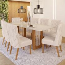 Conjunto Sala de Jantar Tampo MDF/Vidro 8 Cadeiras Michelle Bege/Nature/Off White/Linho