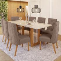 Conjunto Sala de Jantar Tampo MDF/Vidro 8 Cadeiras Michelle Marrom/Nature/Off White/Amêndoa