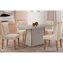 Conjunto Sala de Jantar Tilia c/ Tampo Madeirado c/ Vidro Canto Curvo 120x80cm e 4 Cadeiras Maldivas Madeira Maciça Naturale/Off White - Capuccino/Sue