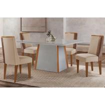 Conjunto Sala de Jantar Tilia c/ Tampo Madeirado c/ Vidro Canto Curvo 120x80cm e 4 Cadeiras Tilia Madeira Maciça Naturale/Off White - Capuccino/Suede