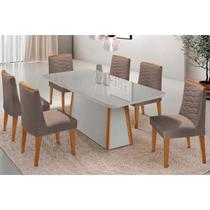 Conjunto Sala de Jantar Tilia c/ Tampo Madeirado c/ Vidro Canto Curvo 180x90cm e 6 Cadeiras Maldivas Madeira Maciça Naturale/Off White - Capuccino/Lin
