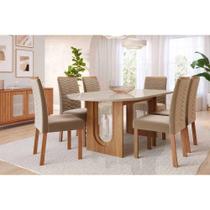 Conjunto Sala de Jantar Valentina Tampo Madeirado Oval c/ Vidro 210x100cm e 6 Cadeiras Clarice Cinamomo/Off White - Madeirado/Suede Jo-Cimol