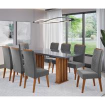 Conjunto Sala de Jantar Zuri Mesa 200x90cm Tampo Com Vidro e 8 Cadeiras Flora Mel/Grafite/Cinza - Casa Giulia
