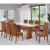 Conjunto Sala de Jantar Zuri Mesa 200x90cm Tampo Com Vidro e 8 Cadeiras Flora Mel/Off White/Terracota - Casa Giulia
