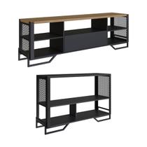 Conjunto Sala Industrial Rack e Aparador Preto Placa e Ponto