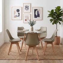 Conjunto Sala Jantar Mesa Eames Redonda 110cm Vidro e 5 Cadeiras Saarinen Madeira Maciça Assento Estofado