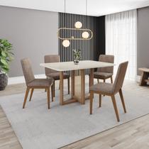 Conjunto Sala Jantar Mesa Natalí 120cm Canto Arredondado com Vidro 4 Cadeiras Pietra