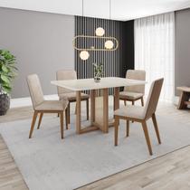 Conjunto Sala Jantar Mesa Natalí 120cm Canto Arredondado com Vidro 4 Cadeiras Pietra Off White/Nature/Caramelo/Creme