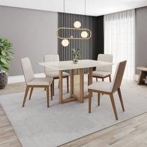Conjunto Sala Jantar Mesa Natalí 120cm Canto Arredondado com Vidro 4 Cadeiras Pietra Off White/Nature/Caramelo Conjunto Sala Jantar Mesa Natalí 120cm Canto Arredondado com Vidro 4 Cadeiras Pietra Off White/Nature/Caramelo