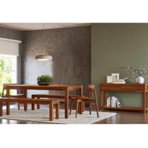 Conjunto Sala Jantar Nature: Aparador, Mesa, Banco e Cadeiras Madeira Pinus Rústico Escuro