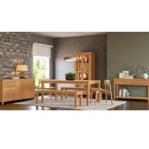 Conjunto Sala Jantar Nature: Cristaleira, Aparador, Buffet, Mesa, Banco e Cadeiras Rústico Claro Madeira Pinus