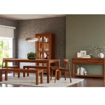 Conjunto Sala Jantar Nature: Cristaleira, Aparador, Mesa, Banco e Cadeiras Madeira Pinus Rústico Escuro