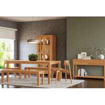 Conjunto Sala Jantar Nature: Cristaleira, Aparador, Mesa, Banco e Cadeiras Rústico Claro Madeira Pinus