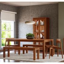 Conjunto Sala Jantar Nature: Cristaleira, Mesa, Banco e Cadeiras Madeira Pinus Rústico Escuro