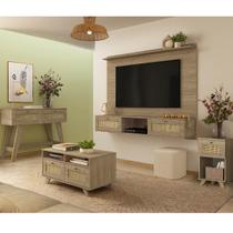 Conjunto Sala Painel p/ TV até 72", Aparador 2 Gavetas, mesa Centro e Apoio Carvalho Trama - Artely