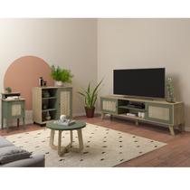 Conjunto Sala Rack p/ TV até 75", Buffet Aparador 1 Porta, mesa centro e Apoio Charlotte Carvalho/Menta - Artely Conjunto Sala Rack p/ TV até 75", Buffet Aparador 1 Porta, mesa centro e Apoio Charlotte Carvalho/Menta - Artely