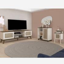 Conjunto Sala Rack p/ TV até 75", Buffet Aparador 1 Porta, mesa de Apoio Charlotte Pinho/Off White - Artely Conjunto Sala Rack p/ TV até 75", Buffet Aparador 1 Porta, mesa de Apoio Charlotte Pinho/Off White - Artely