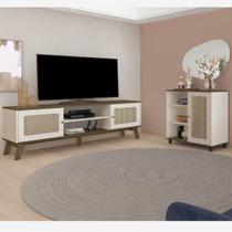 Conjunto Sala Rack p/ TV até 75" com 2 portas, Buffet Aparador 1 Porta Charlotte Pinho/Off White - Artely Conjunto Sala Rack p/ TV até 75" com 2 portas, Buffet Aparador 1 Porta Charlotte Pinho/Off White - Artely