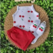 Conjunto Sandália Com Body E Short Bebe Menina Mesversário Estampado Verão 100% Suedine