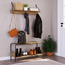 Conjunto sapateira + banco tube madeira vermont base em aço preto fosco + prateleira tube 90cm vermont suporte em arame - artesano