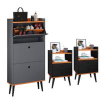 Conjunto Sapateira Vertical 3 Gavetas Basculantes Organizadoras Dark e Kit 2 Mesinhas Canto Quarto Modernas Nicho Decorativo Dream RPM