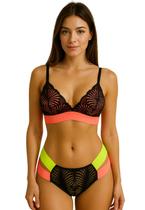 Conjunto Sem Bojo Lingerie Calcinha Sutiã Renda Tiras Neon