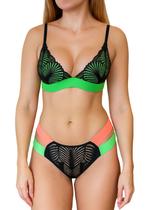 Conjunto Sem Bojo Lingerie Calcinha Sutiã Renda Tiras Neon