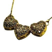 Conjunto semi-jóia Colar 3 corações cravejado -dourado 50 cm