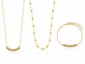 Conjunto Semijoia 2 Colares Mini Esferas e Pulseira Banhado a Ouro 18K Conjunto Semijoia 2 Colares Mini Esferas e Pulseira Banhado a Ouro 18K