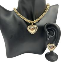 Conjunto semijóia Colar Brinco Coração com Cristal Zirconia