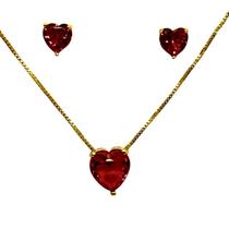 Conjunto semijóia Colar Brinco Coração Zirconia Rubi Dourado