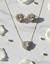 conjunto semijoia com zirconia coração cravejado