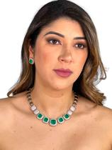 Conjunto Semijoia de Brincos e Colar Esmeralda Luxo Cravejados Banhado a Ouro 18k