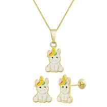 Conjunto semijoia infantil unicornio colar/brinco banho ouro