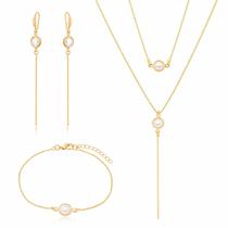 Conjunto Semijoia Pérolas 1 Brinco 1 Colar e 1 Pulseira Banhado a Ouro 18K