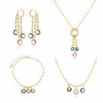 Conjunto Semijoias Cristais Coloridos Brinco Pulseira e 2 Colares Banhado a Ouro 18K