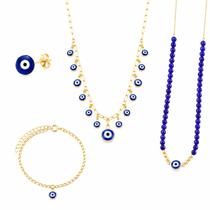 Conjunto Semijoias Olho Grego Feminino 2 Colares Pulseira e Brinco Banhado a Ouro 18K