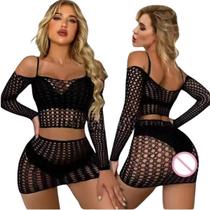 Conjunto Sexy Feminino Arrastão com Brilho Pedraria Body e Saia Moda Balada