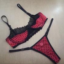 Conjunto sexy sem bojo com arco bolinhas tule transparente