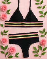 Conjunto Sexy sem Bojo em Renda e Tule com Elástico Colorido - 70007