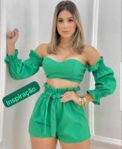 Conjunto Short + Cropped Ciganinha Manga Bufante